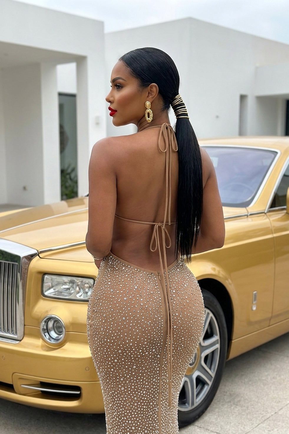 Sutton dress worn, back view showing open back and slit